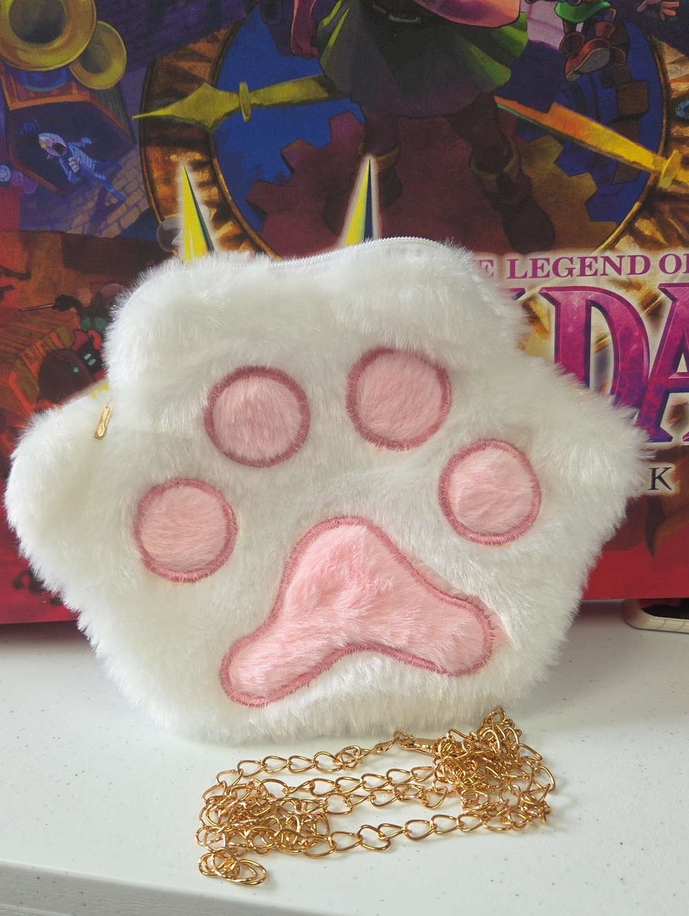 White & Pink Plush Cat Paw Crossbody Bag for Kids